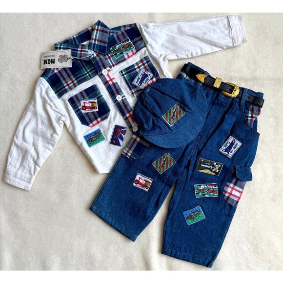 Vintage 90s MGM Kid's Fashion 3-Piece Pants Set Boys 12M Plaid Denim Patchwork - Picture 2 of 10